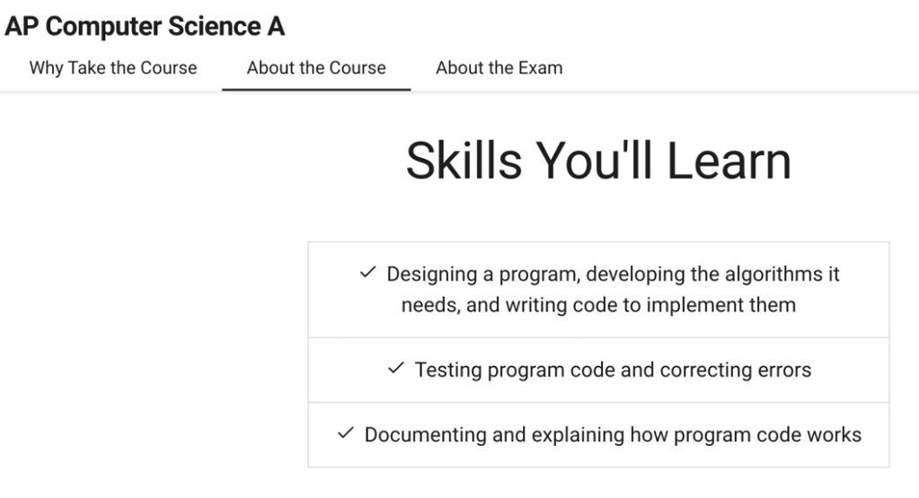 A list of skills students will learn from AP Computer Science A