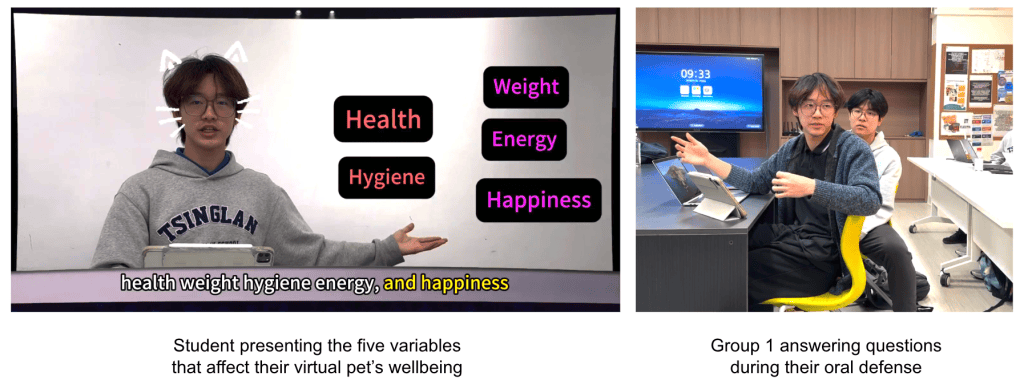A screenshot of a student group presenting their coding presentation along with a picture of the same group answering questions during their oral defense